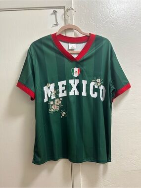 Zoe + Liv Green Athletic Tee with Red Trim and Mexico Crest